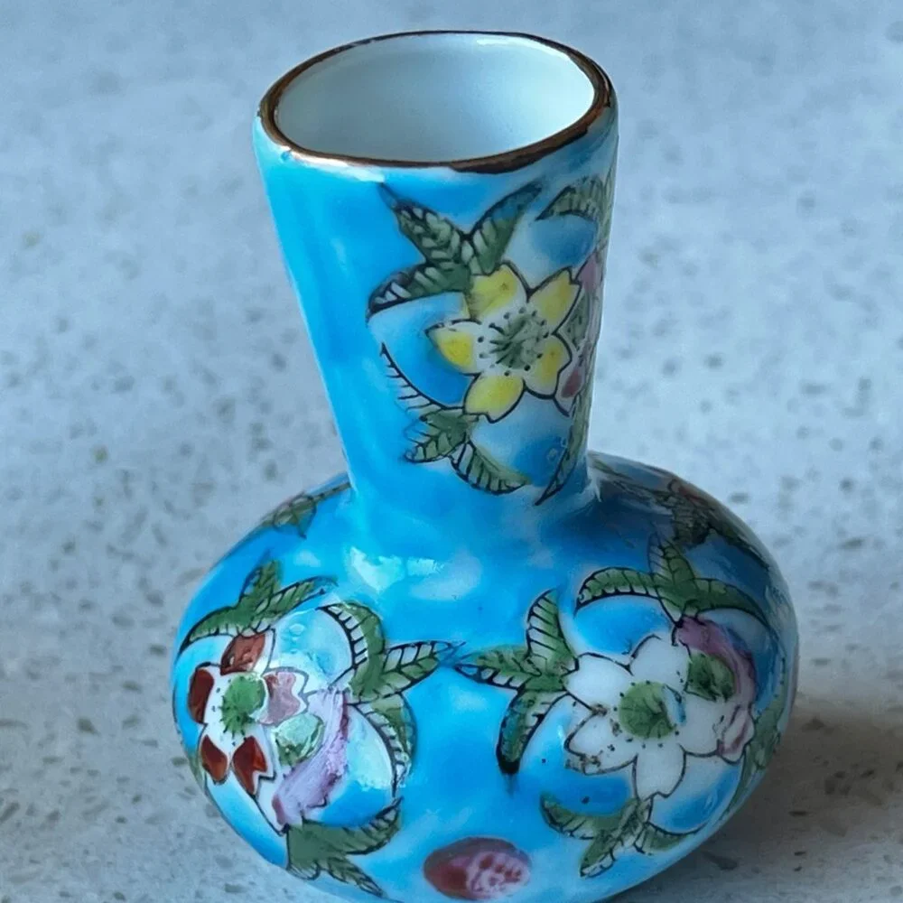 Miniature Japan Porcelain Vases Set Of 2 Yellow & Blue Floral Design vintage